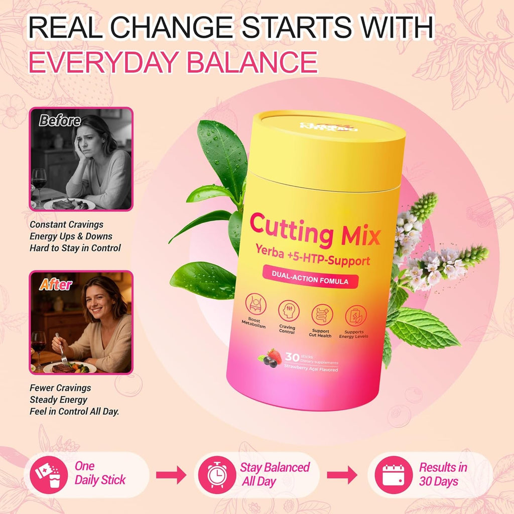 Cutting Mix Drink – Satiety & Metabolism Support | Berberine, Chromium, FOS, Yerba Mate & 5-HTP | Gut Health & Energy | Sugar-Free, Vegan, Non-Gmo | Strawberry Açaí | 30 Sticks