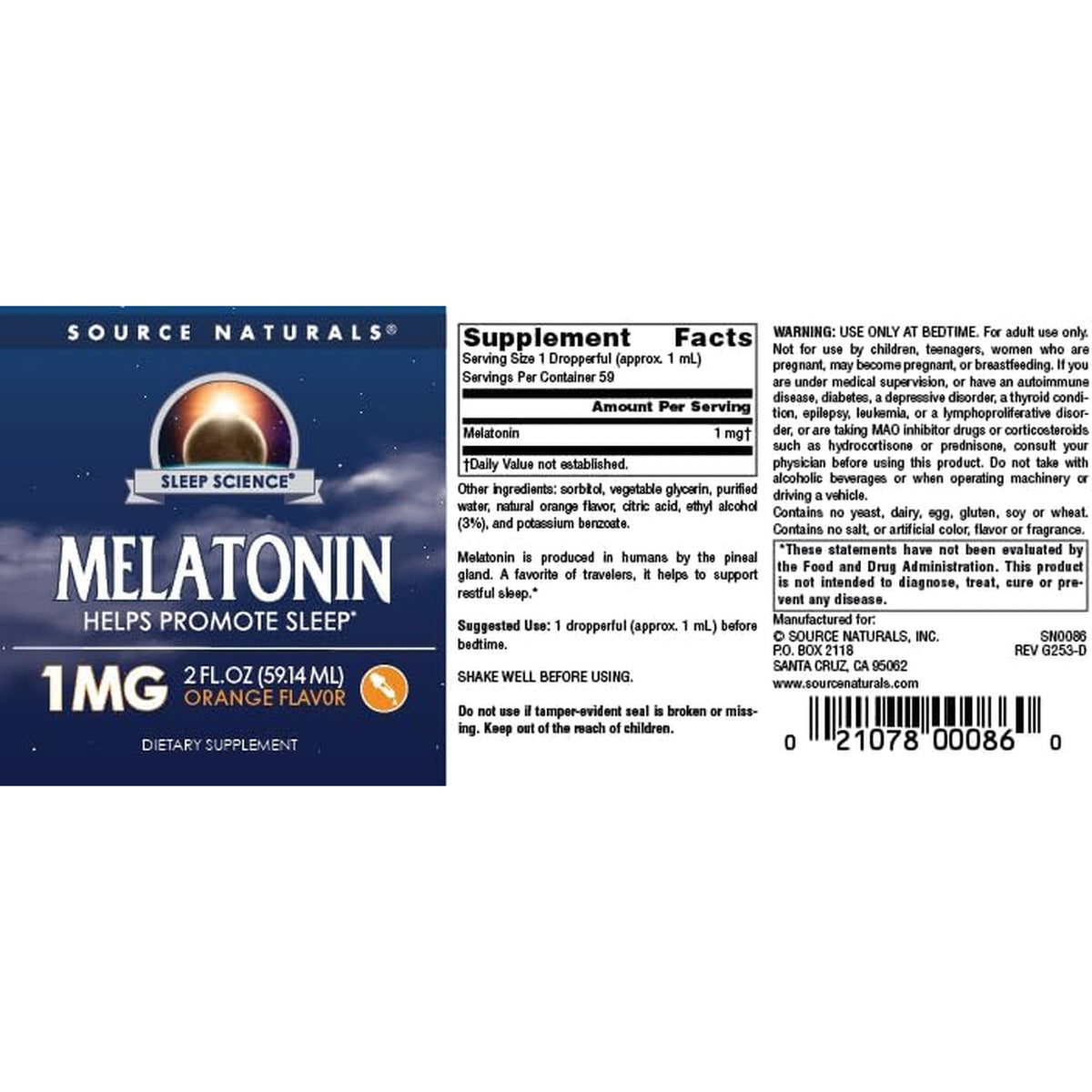 Source Naturals Melatonin* - 1 Mg, 2 Fluid Oz