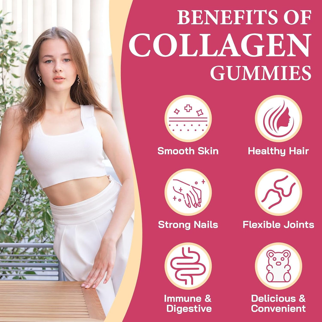 Collagen Gummies for Women, Hydrolyzed Collagen Peptides Type I, II, III, V, X, 0 Sugar - Collagen Gummies for Skin, Wrinkles, Hair, Nails, Digestive & Immune Health, 60 Days Supply