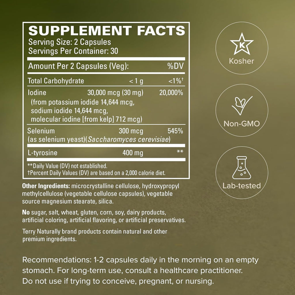 Terry Naturally Thyroid Care plus - Iodine + L-Tyrosine, 60 Capsules - Thyroid Support Supplement with Selenium, Promotes Energy & Metabolism - Non-Gmo, Gluten-Free, Kosher - 30 Servings