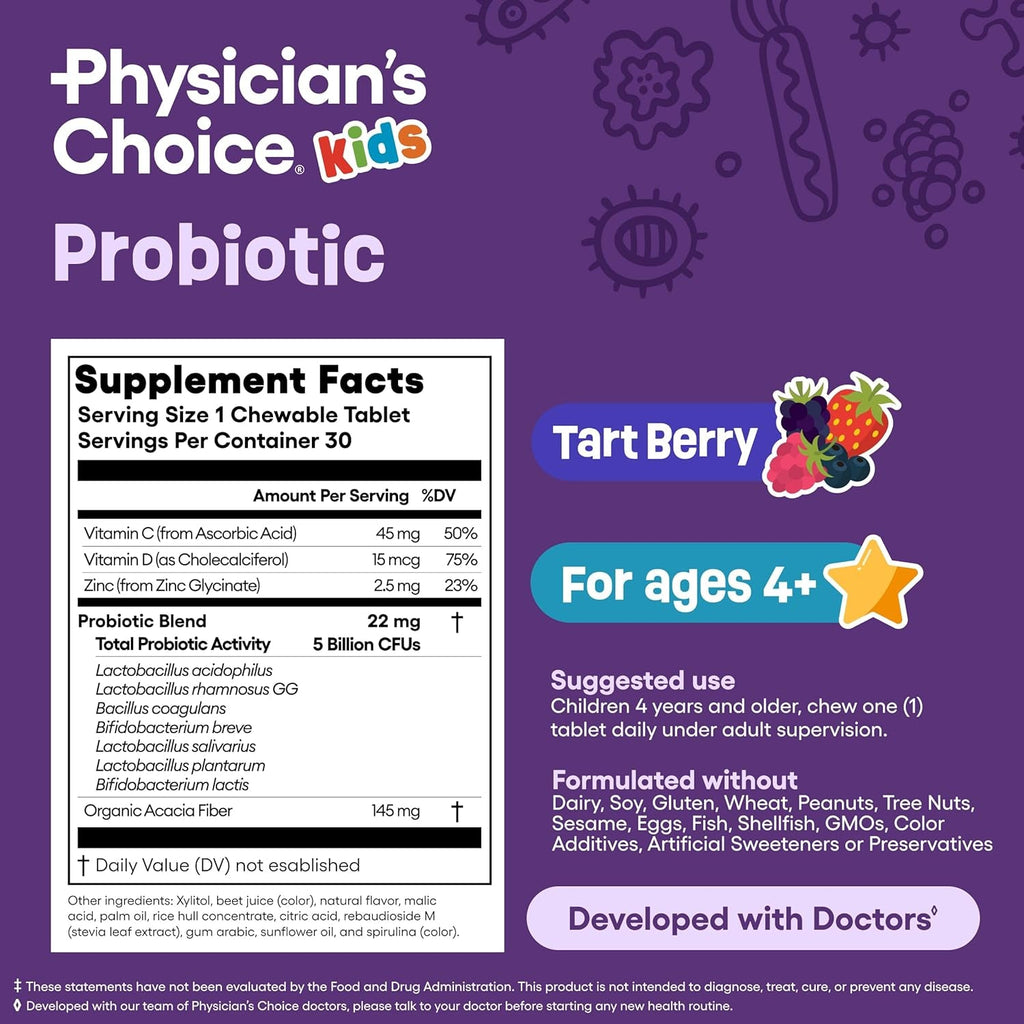 Physician'S CHOICE Probiotics for Kids - 7 Diverse Strains, Organic Prebiotics, Vitamins & Minerals - Clinically Studied L. Rhamnosus GG - Immune & Digestive Support - No Sugar or Artificial Dyes