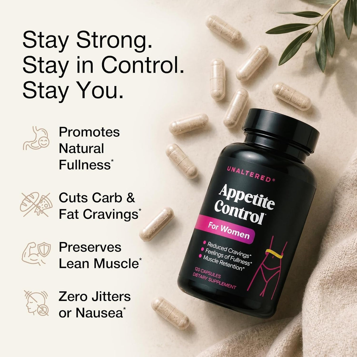 UNALTERED Appetite Control for Women - Support Cravings, Fullness, & Weight Management - Dietary Supplement with Chromium Picolinate & Glucomannan - 120 Vegan Capsules