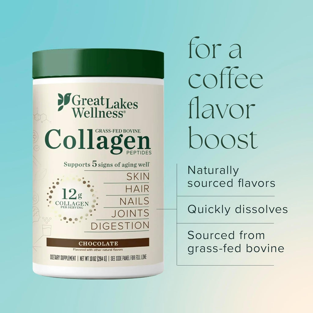 Great Lakes Wellness Collagen Peptides Powder for Skin, Hair, Nails, Joints & Digestion - Chocolate Flavored - Quick Dissolve Hydrolyzed, Non-Gmo, Kosher - 10 Oz