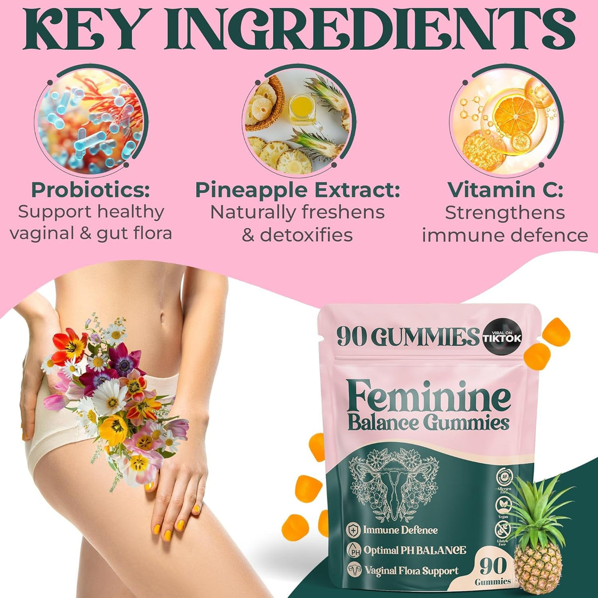 Premium Feminine Balance Gummies - for Women’S Health & Wellness - Immune Support - Vegan, Gluten-Free - Hawaiian Pineapple - 90 Gummies - 45 Servings