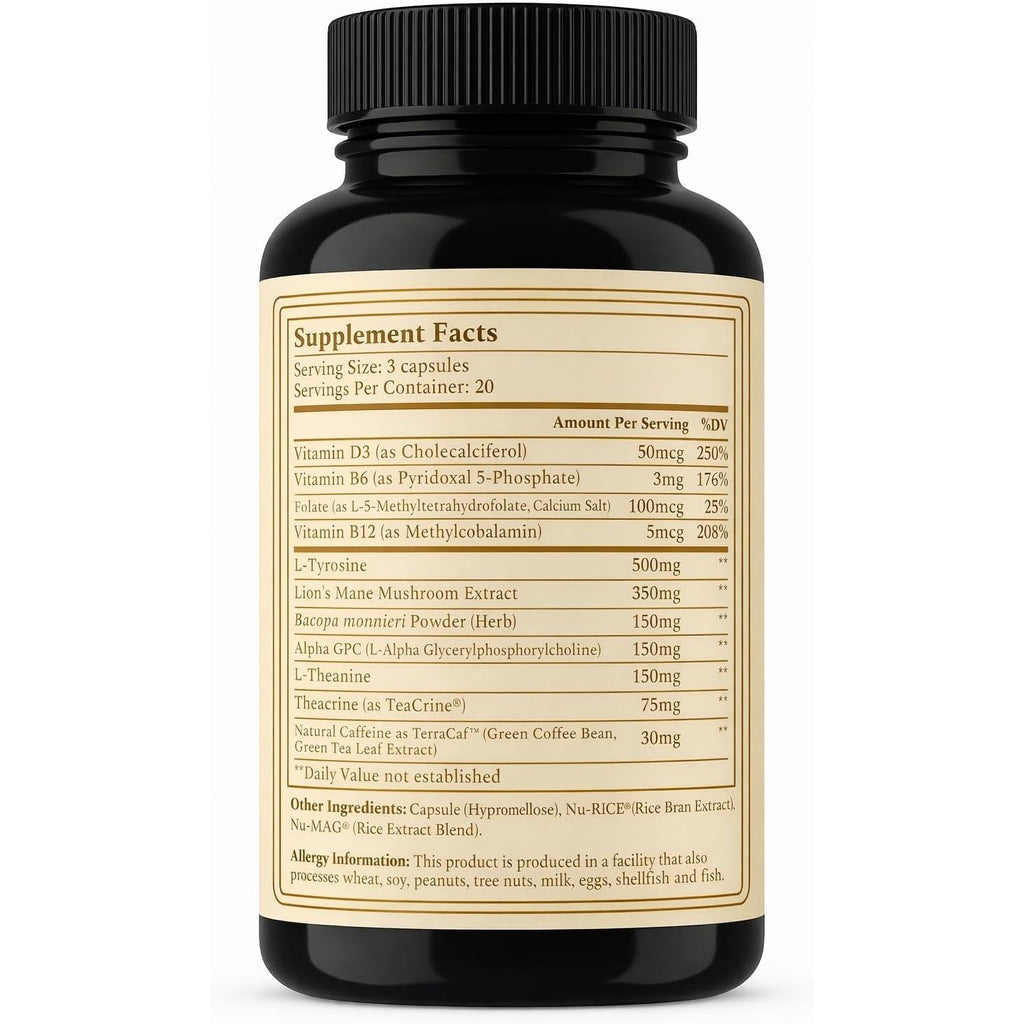 Best Brain Supplement for Memory and Focus - L-Theanine, Lion'S Main, Vitamin B6, B12, D3, Folate, L-Tyrosine, Bacopa Monnieri, Alpha GPC, Theacrine, 30Mg of Natural Caffeine (60 Count)
