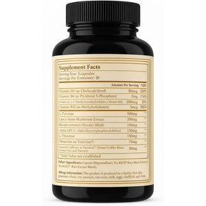 Best Brain Supplement for Memory and Focus - L-Theanine, Lion'S Main, Vitamin B6, B12, D3, Folate, L-Tyrosine, Bacopa Monnieri, Alpha GPC, Theacrine, 30Mg of Natural Caffeine (60 Count)