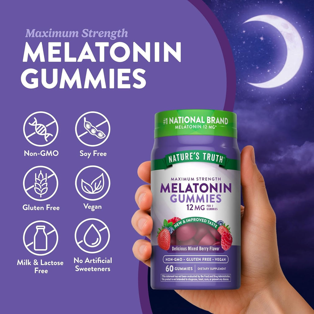 Nature'S Truth Melatonin Gummies | 12Mg | Mixed Berry Flavor | Vegan, Non-Gmo & Gluten Free Supplement