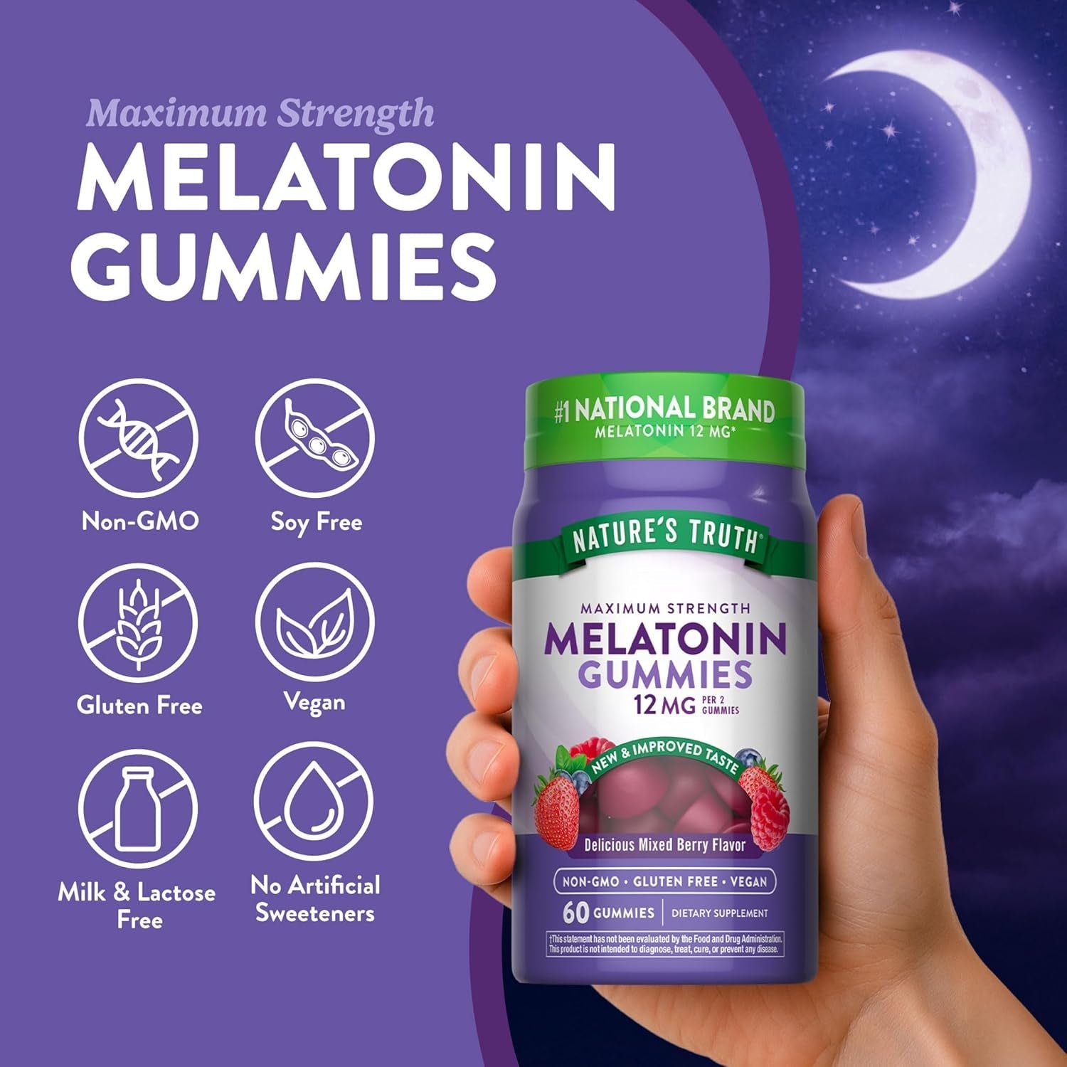 Nature'S Truth Melatonin Gummies | 12Mg | Mixed Berry Flavor | Vegan, Non-Gmo & Gluten Free Supplement