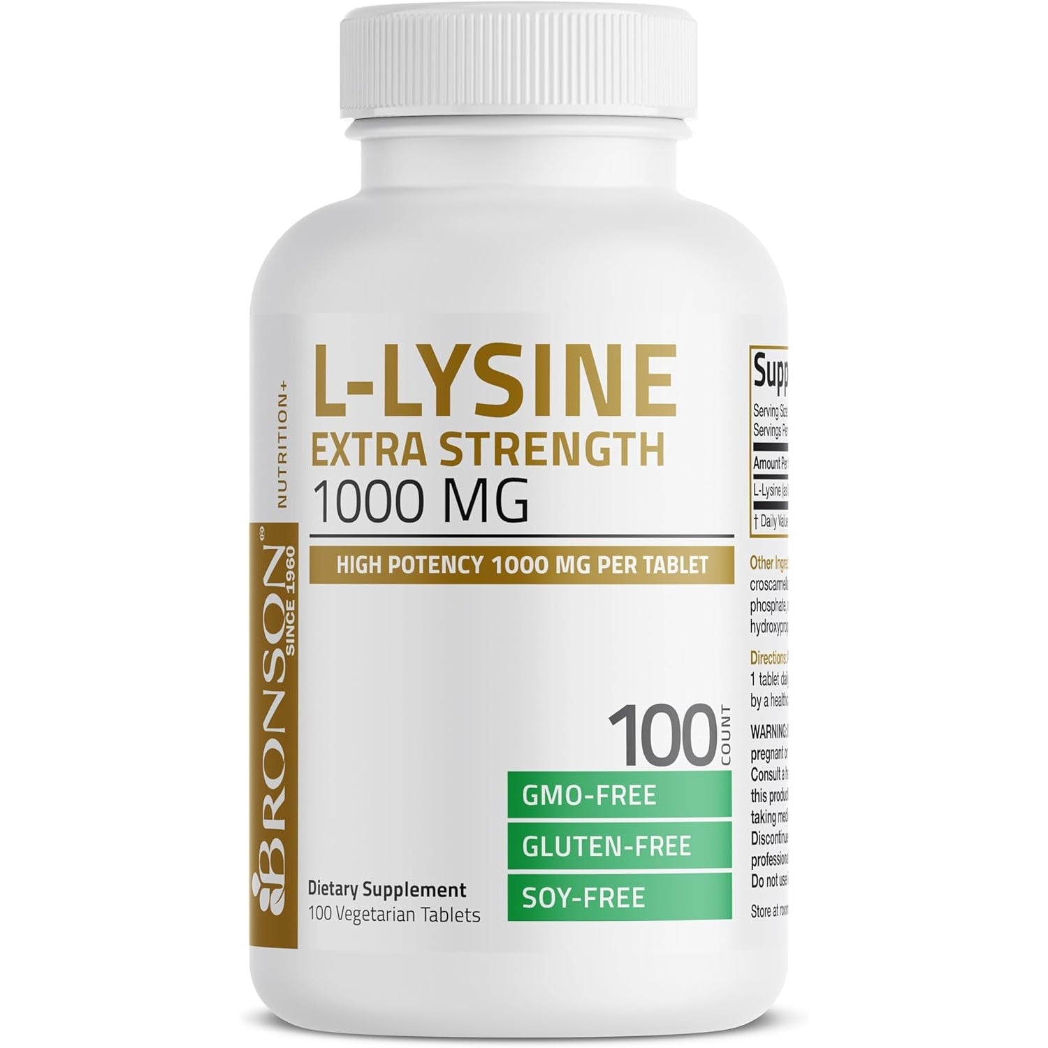Bronson L-Lysine Extra Strength 1000 MG per Tablet High Potency, Immune Support & Supports Collagen Synthesis, Non-Gmo, 100 Vegetarian Tablets