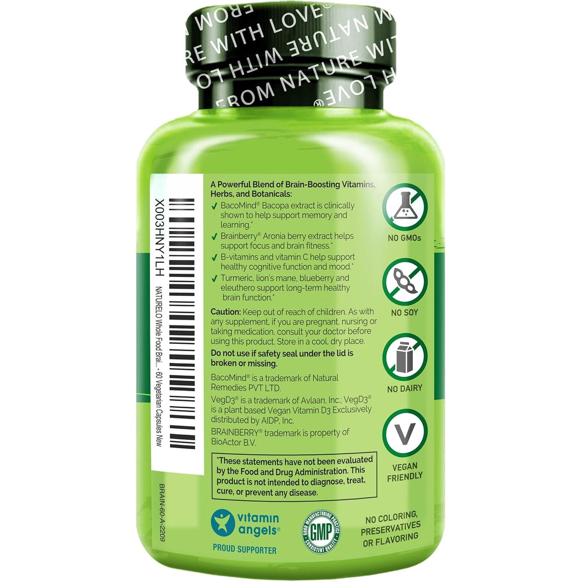 NATURELO Whole Food Brain Supplement - Brain Health Supplements for Memory & Focus Support - Enhance Brain Health Blend Supplement for Adults - 60 Vegetarian Capsules