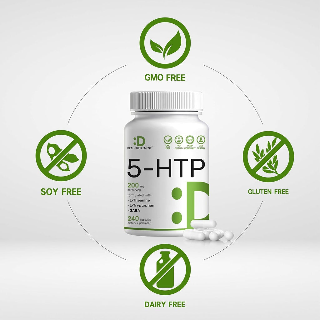 Deal Supplement 5-HTP 200Mg per Serving, 240 Capsules, 98% African Derived Griffonia Seed Extract | 4 in 1 Formula | plus Active L Theanine, L Tryptophan, & GABA | Relaxation Support Supplement