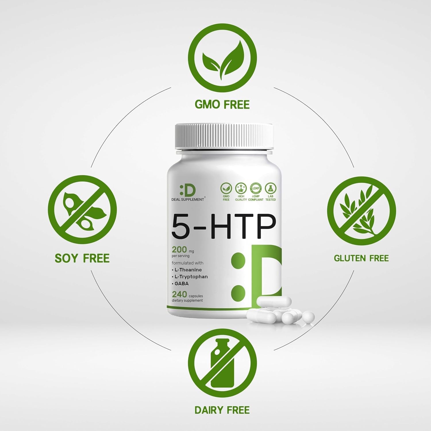 Deal Supplement 5-HTP 200Mg per Serving, 240 Capsules, 98% African Derived Griffonia Seed Extract | 4 in 1 Formula | plus Active L Theanine, L Tryptophan, & GABA | Relaxation Support Supplement