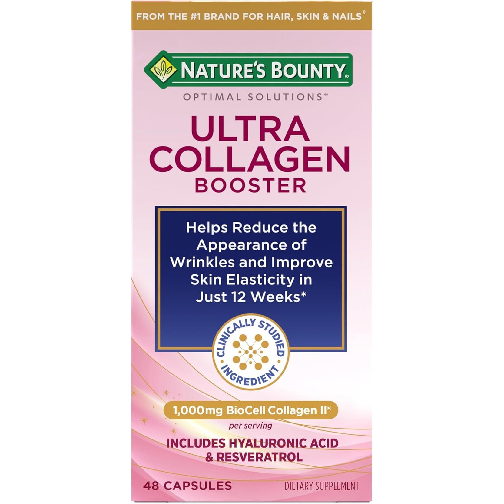Nature’S Bounty Optimal Solutions Ultra Collagen Booster for Healthy-Aging Supplement, Resveratrol, Hyaluronic Acid – Collagen Capsules for Women, 48 Capsules
