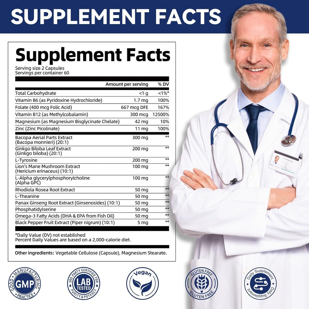 Brain Supplements for Memory and Focus | Nootropic with Bacopa Monnieri, Lion'S Mane, Alpha GPC, Ginkgo Biloba | Mental Clarity & Cognitive Support | Vitamin B6 & B12 Neuro Health - Non-Gmo, 120 Caps