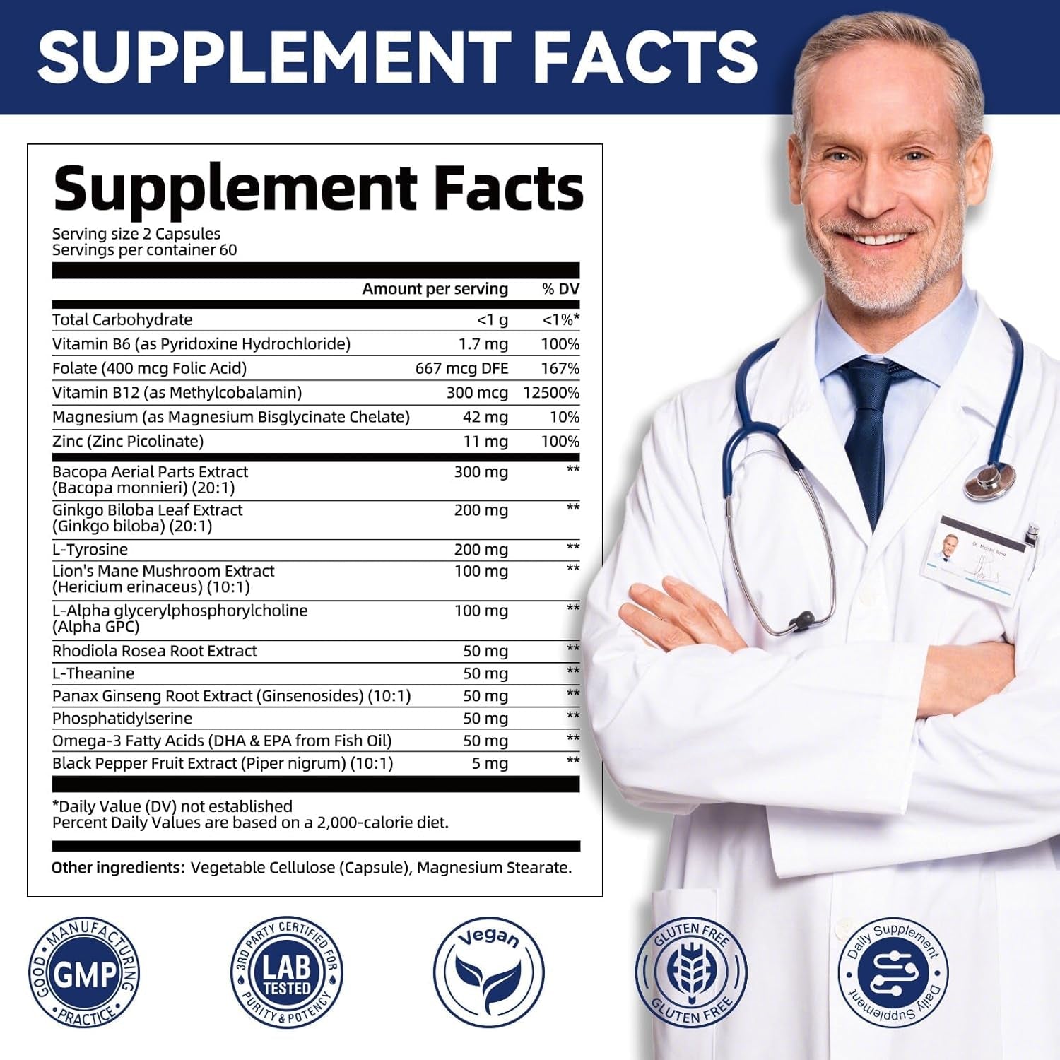 Brain Supplements for Memory and Focus | Nootropic with Bacopa Monnieri, Lion'S Mane, Alpha GPC, Ginkgo Biloba | Mental Clarity & Cognitive Support | Vitamin B6 & B12 Neuro Health - Non-Gmo, 120 Caps