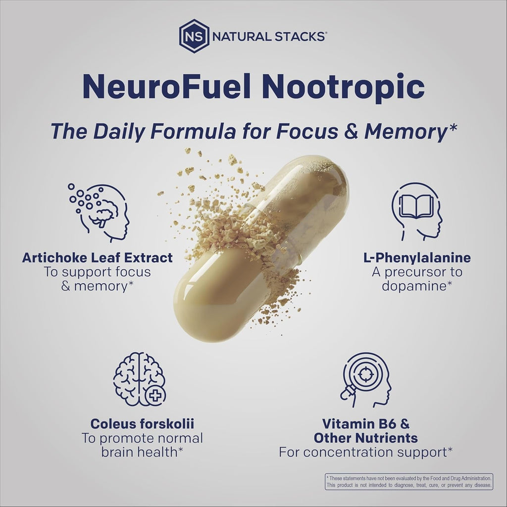 NATURAL STACKS Original Neurofuel Nootropic Brain Support Supplement - 750Mg L-Carnitine & 500Mg L-Phenylalanine - Brain Supplement for Memory and Focus* - 75 Focus Pills