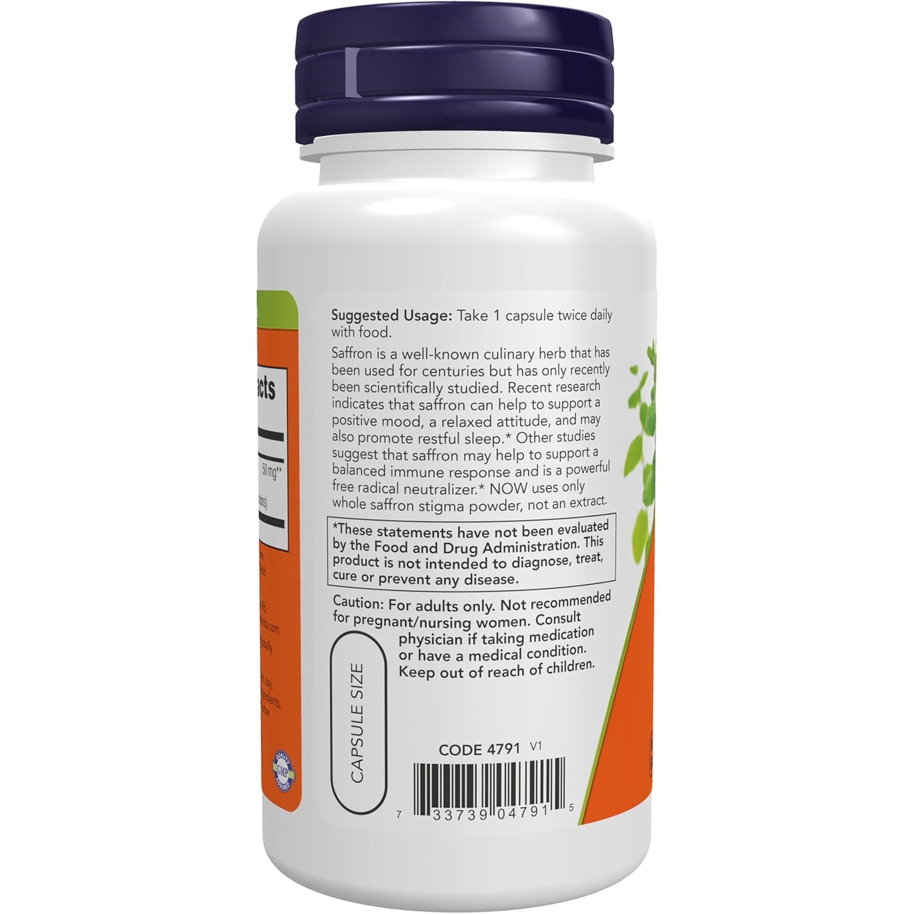 NOW Foods Supplements, Saffron Whole Herb 50 Mg with 10% Crocins, 60 Veg Capsules with Microcrystalline Cellulose, Hypromellose (Cellulose Capsule), Stearic Acid (Vegetable Source) and Silicon Dioxide