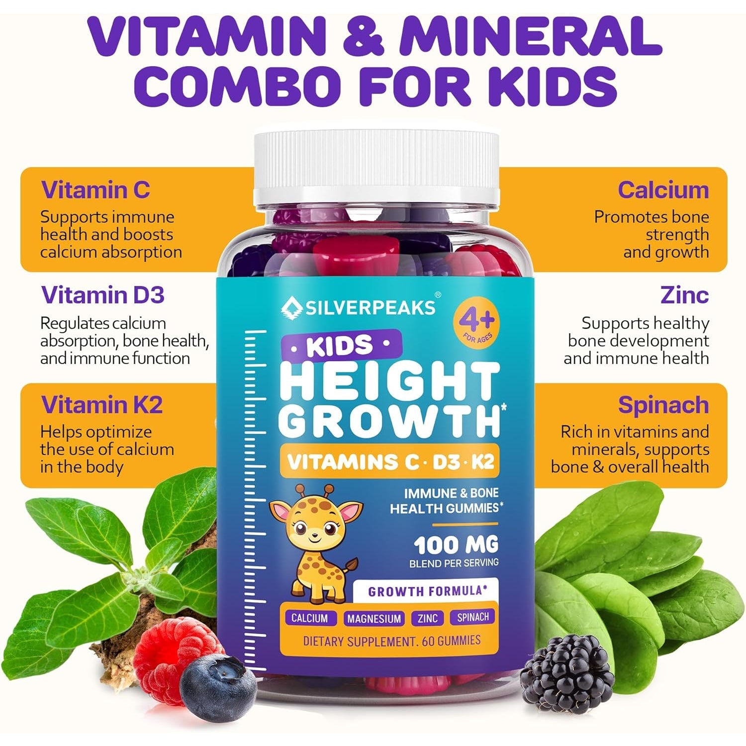 Height Growth Gummies for Kids - Growth Vitamins for Teens, Height Increase Multivitamin for Boys & Girls with Calcium Vitamin D C K2 Magnesium Zinc, Natural Height Growth Maximizer Supplement, 60 PCS