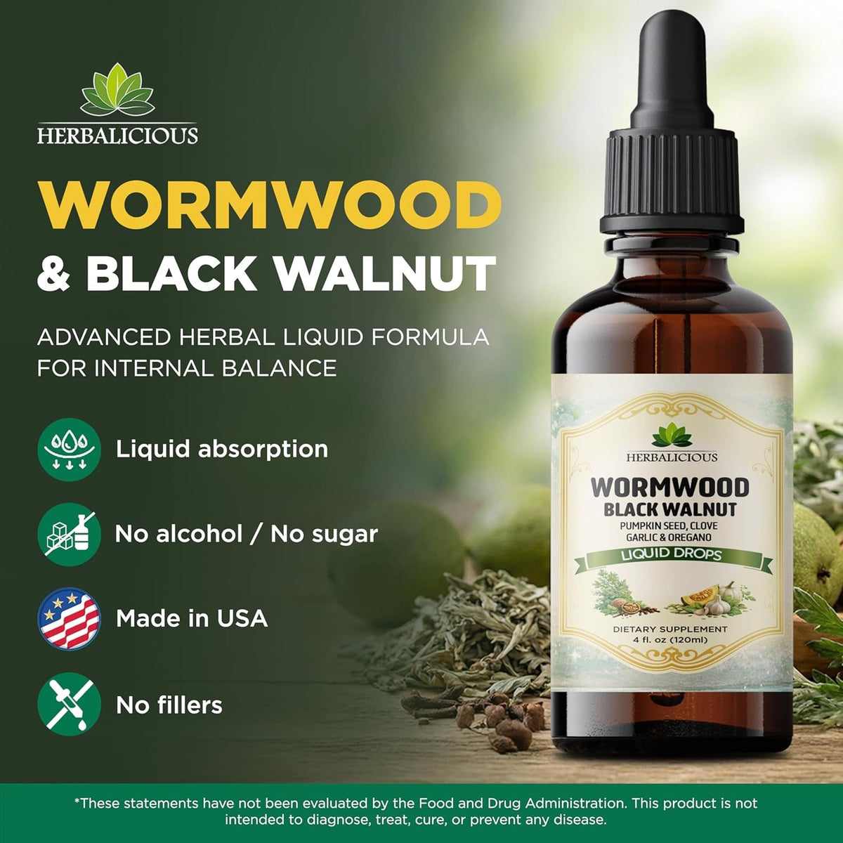 HEBRALICIOUS Wormwood Black Walnut Clove Parasite Cleanse – Herbal Liquid Drops with Pumpkin Seed, Garlic & Oregano Oil – Alcohol-Free Tincture Supplement, 4 Fl Oz (120 Ml)