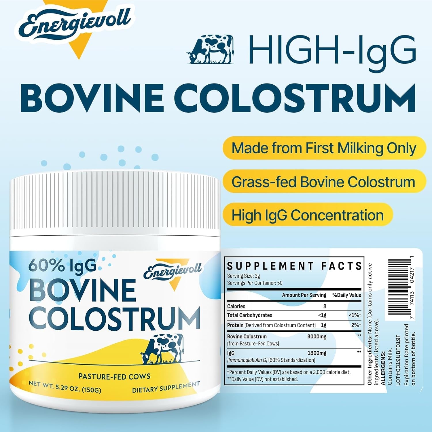 Energievoll Bovine Colostrum Supplement Powder - 60% Igg 3000 Mg for Gut, Hair Growth, Beauty, and Immune, Easy to Mix, Unflavored (50 Servings)