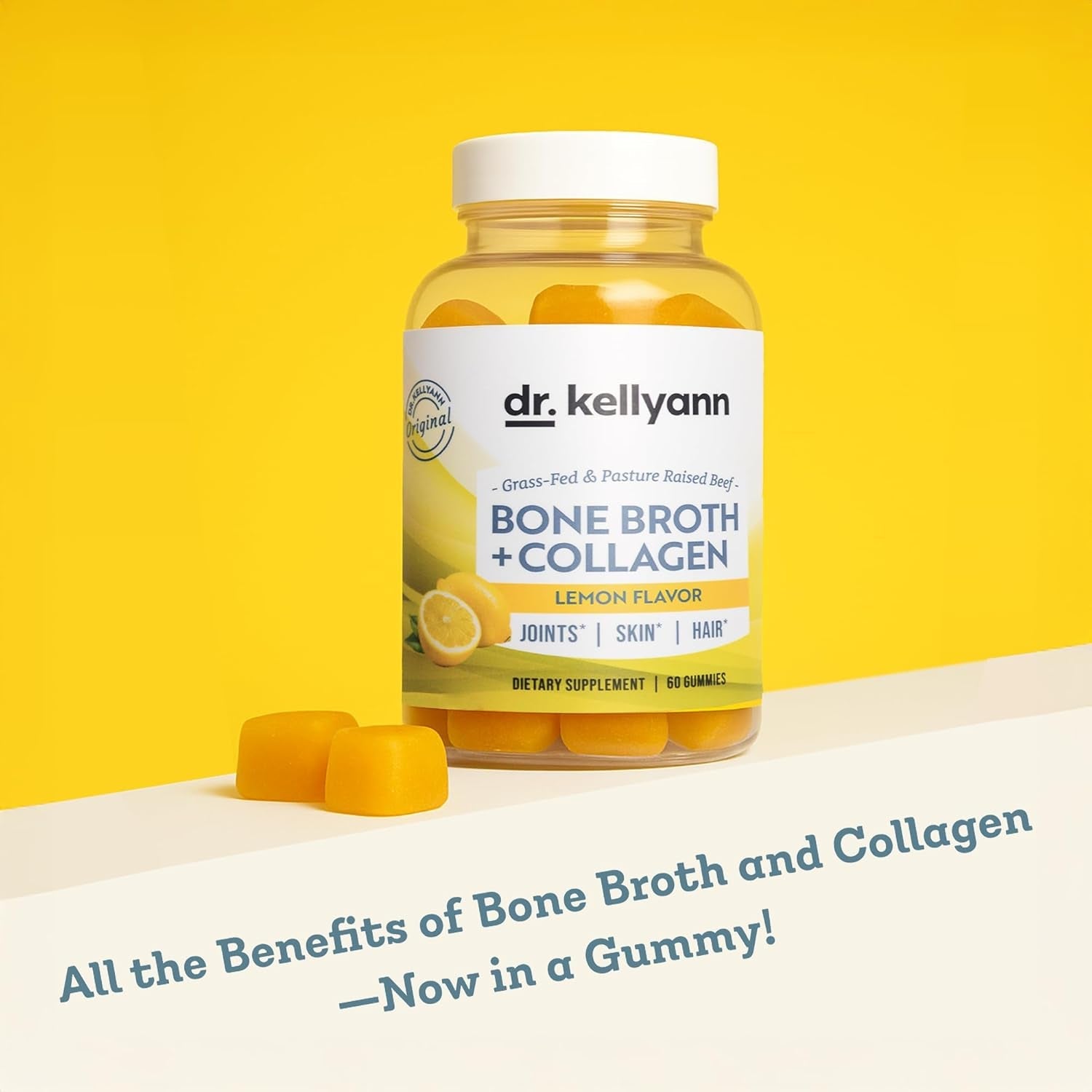 Dr. Kellyann Collagen + Bone Broth Gummies, Lemon | Gut, Skin, Joint & Hair Support | Grass-Fed Beef | Non-Gmo, Dairy-Free, Soy-Free | 60 Gummies