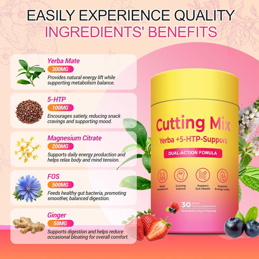 Cutting Mix Drink – Satiety & Metabolism Support | Berberine, Chromium, FOS, Yerba Mate & 5-HTP | Gut Health & Energy | Sugar-Free, Vegan, Non-Gmo | Strawberry Açaí | 30 Sticks