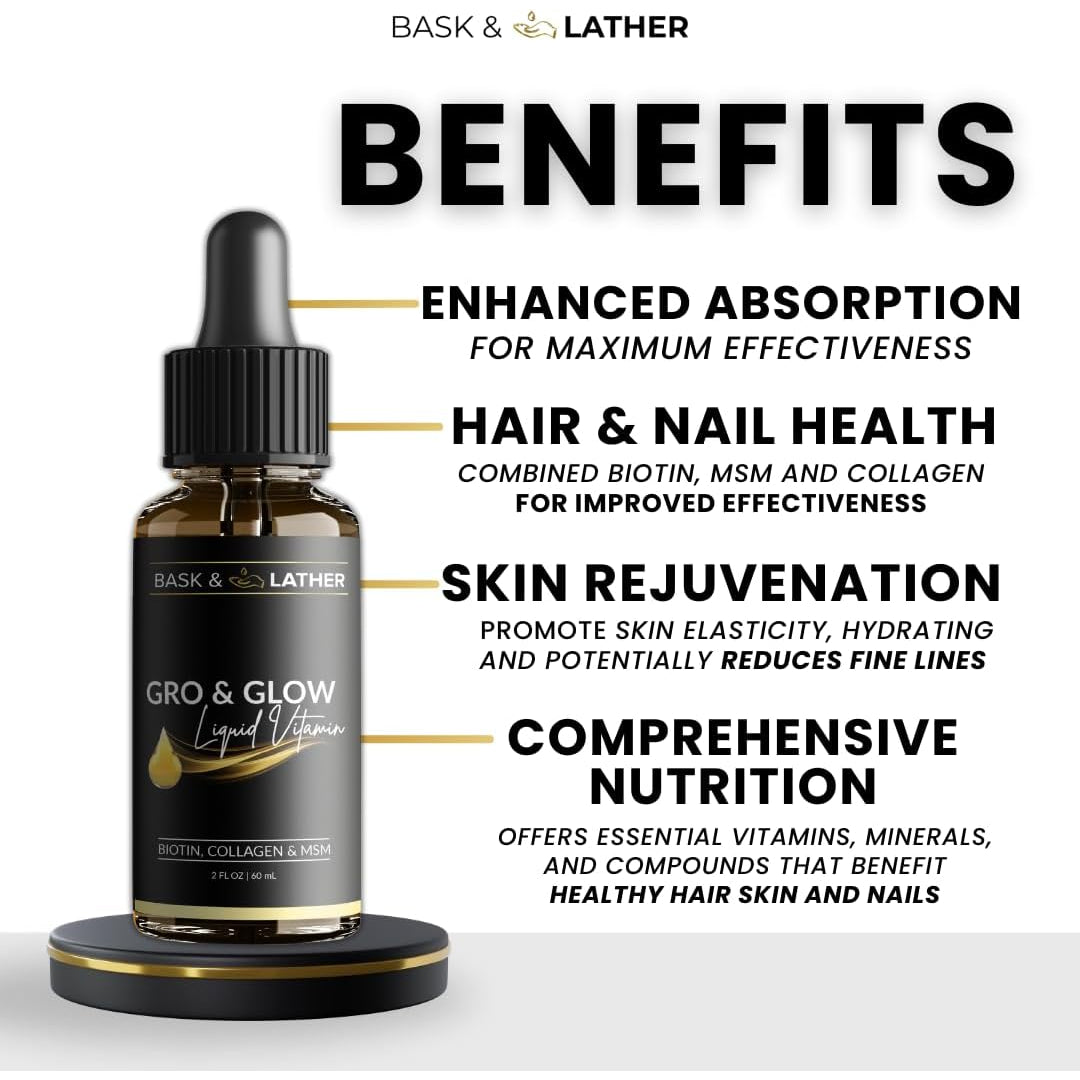 BASK & LATHER GRO & Glow Liquid Vitamin, Liquid Collagen for Women, Natural Ingredients with Collagen, Biotin, Msm, Beauty Supplement, Helps Support Healthy Hair, Skin & Nails, Cherry Flavor, 2 FL Oz