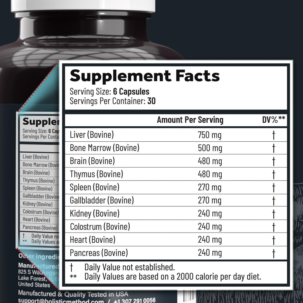 Beef Organ Supplement Complex - 10 Carnivore Grass Fed Proprietary Blend of Liver, Marrow, Brain, Thymus, Spleen, Kidney, Colostrum, Heart, Pancreas, Gallbladder - 180 Caps