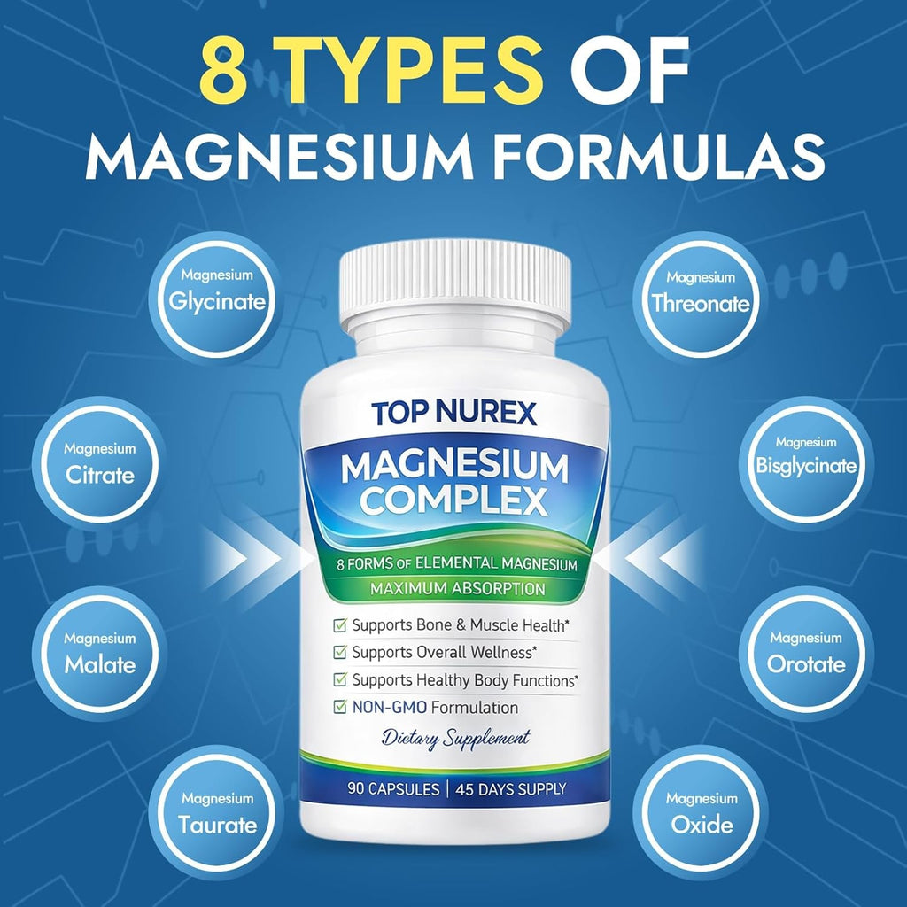 Magnesium Complex 1000 Mg, 8-Source Magnesium Blend with Glycinate, Citrate, Malate & Taurate, Vegan Formula, Non-Gmo, 90 Capsules