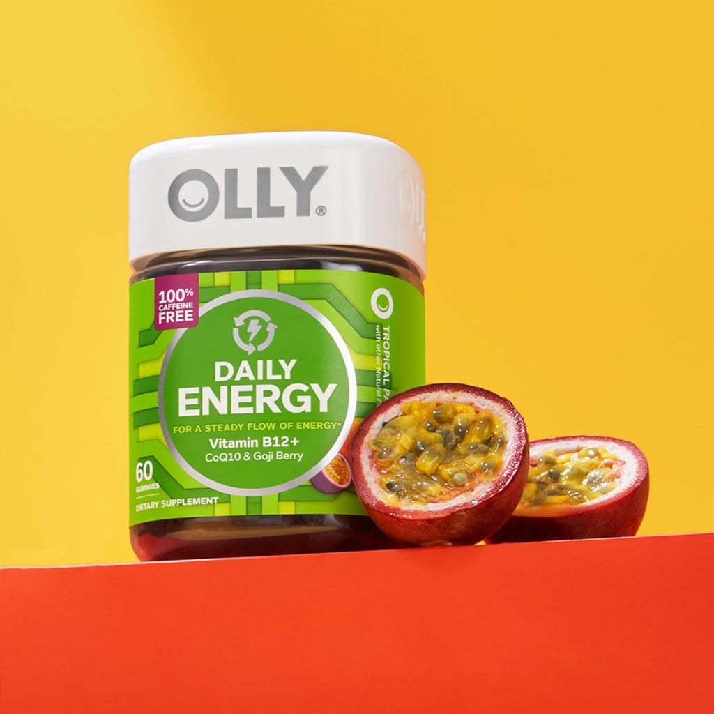 OLLY Daily Energy Gummy, Caffeine Free, Vitamin B12, Coq10, Goji Berry, Adult Chewable Supplement, Tropical Flavor - 60 Count