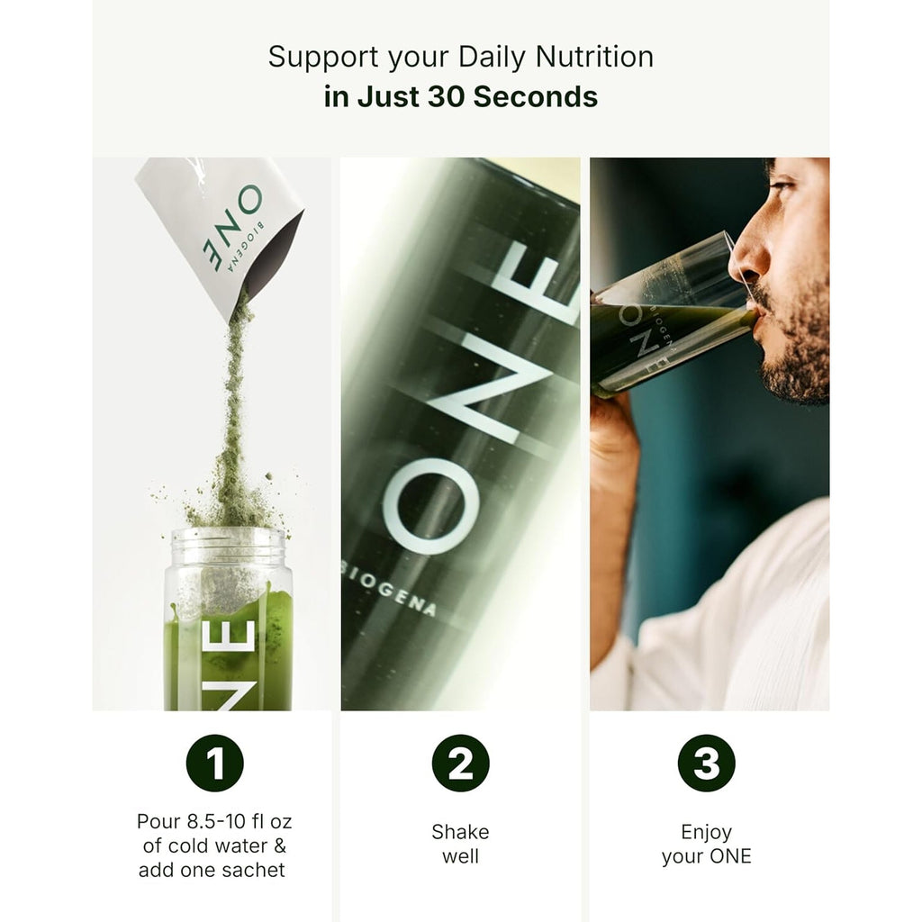 BIOGENA ONE All-In-One Super Greens Powder - 30 Travel Packs + Shaker - Supports Energy Metabolism & Immune Function**- 99 Nutrients with Probiotics, Vitamins & Coq10 - No Added Sugar - Apple-Kiwi