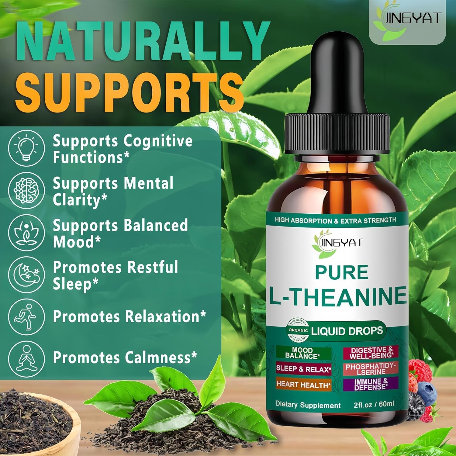 L Theanine Liquid Drops, Pure L-Theanine 400Mg for Adults and Kids, Organic High Absorption L Theanine Supplement, Natural Focus Supplement, Non-Gmo | Gluten Free | 30 Servings