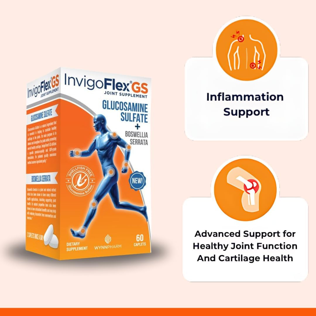 INVIGOFLEX® GS - Glucosamine Sulfate (Shellfish Free, Sodium Free & Vegetarian Safe) Non GMO, Gluten Free - with Boswellia Serrata - Knees, Hands, Back, and Hip Premium Joint Supplement
