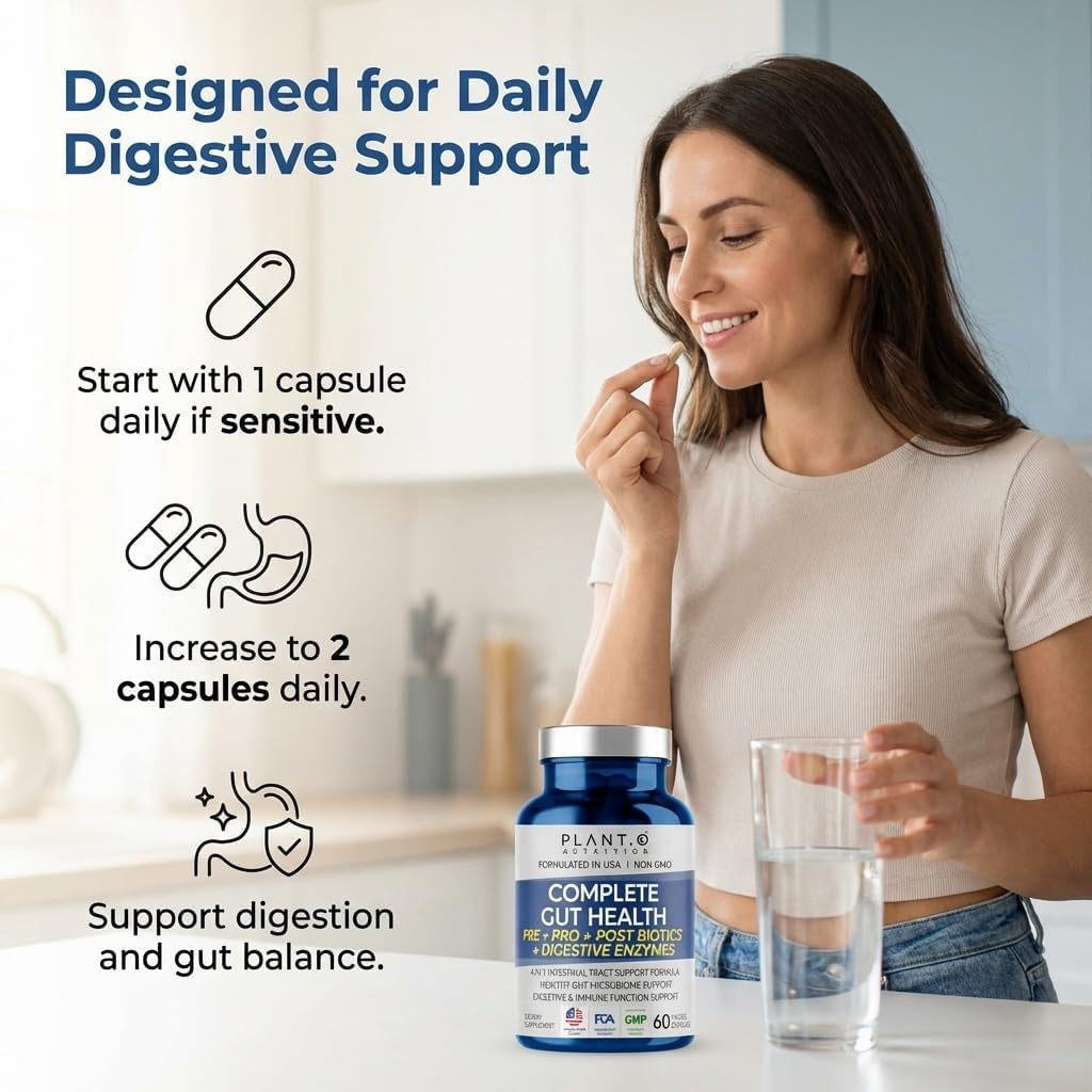 4-In-1 Gut Health Support – Prebiotics + Probiotics + Postbiotics + Digestive Enzymes for Women and Men – DE111 Spore Probiotic for Digestive Support & Bloating – Non-Gmo – 60 Veggie Capsules