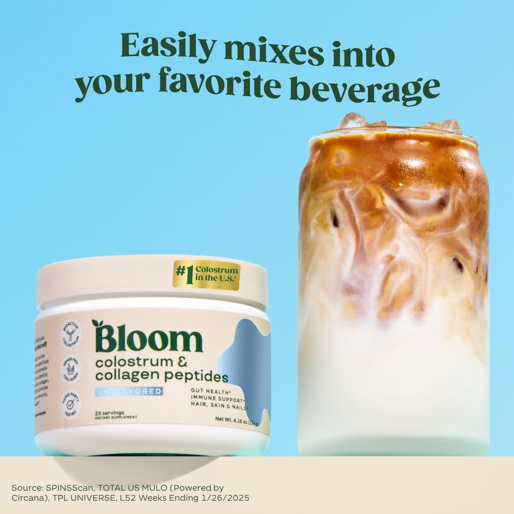 Bloom Nutrition Bovine Colostrum Powder with Vitamin B-12 for Gut Health, Immune Support, Hair Growth & Beauty Supplement | Unflavored, 25 Servings