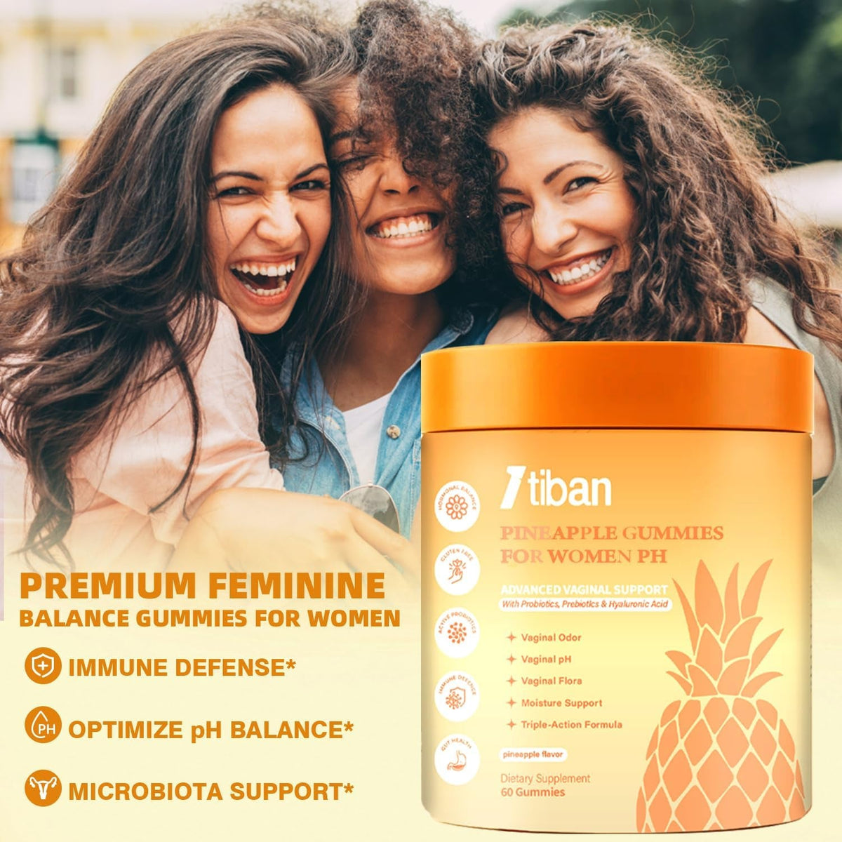 Pineapple Gummies for Women Ph, Premium Feminine Ph Balance Gummy, Vaginal Probiotics, Immune Support, Vegan, Gluten-Free, 60 Gummies 30 Servings