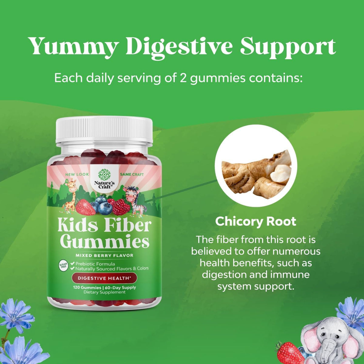Natures Craft High Prebiotic Fiber Gummies for Kids - Dietary Fiber Supplements for Digestion & Constipation - Chicory Root Kids Immune Gummies - Non-Gmo Digestive Nutritional Supplements - 120 Count
