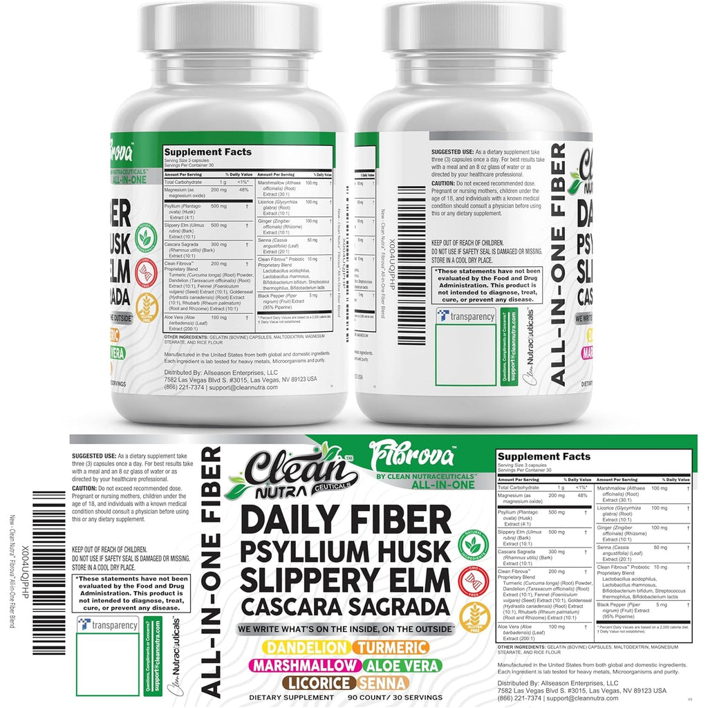 Fiber Supplement Capsules Slippery Elm Psyllium Husk Cascara Sagrada Dandelion Root Turmeric Supplement Aloe Vera Licorice Senna Marshmallow Root Digestive Health Cleanse 90 Pills by Clean Nutra