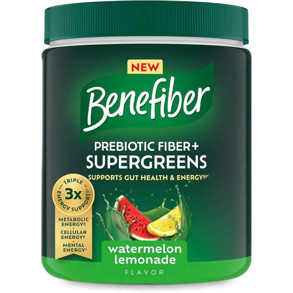 Benefiber Prebiotic GLP-1 Friendly Fiber + Supergreens Dietary Supplement Powder, Watermelon Lemonade Flavor, 8.8 Oz (250G)