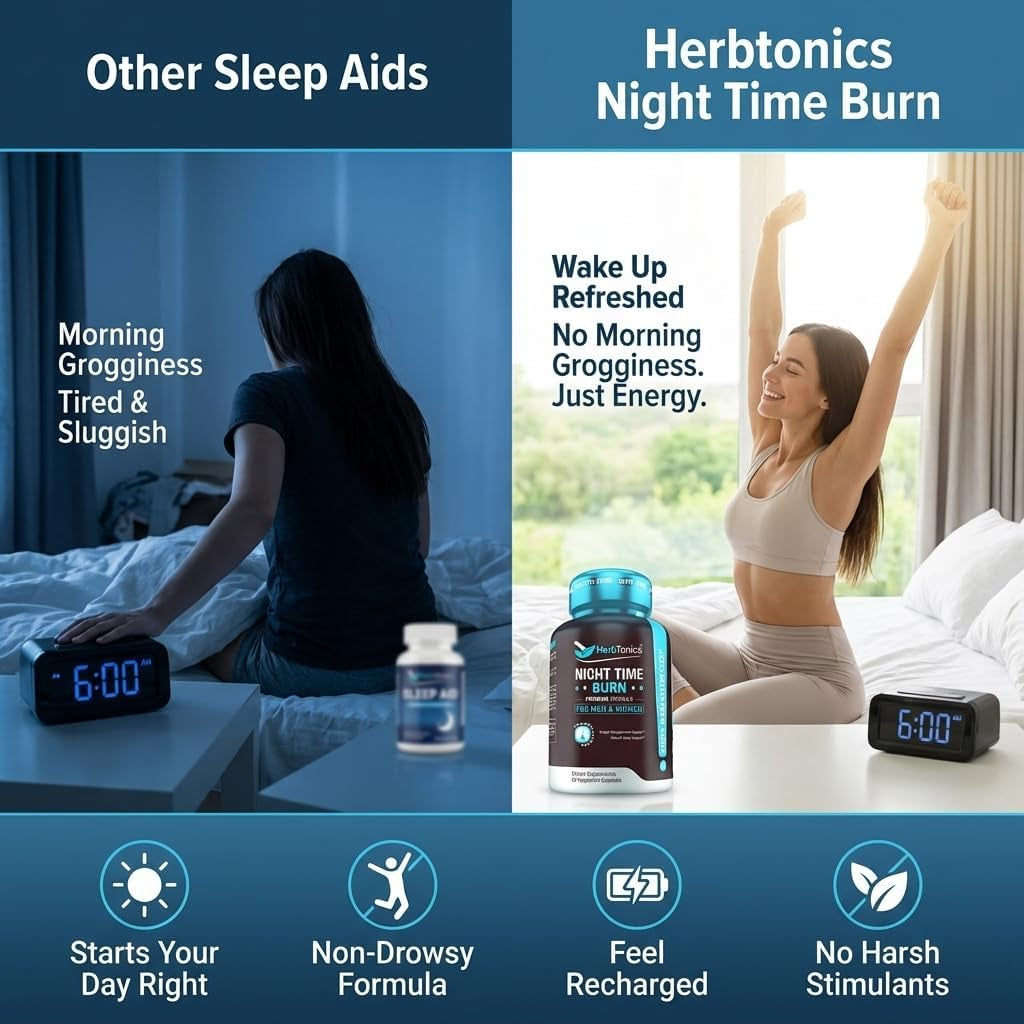 Herbtonics Night Time Burn & Sleep Complex Supports Overnight Metabolism, Stress Relief & Deep Sleep. Includes Melatonin, Valerian and Green Tea – Vegan Bedtime Weight Management (60 Capsules)