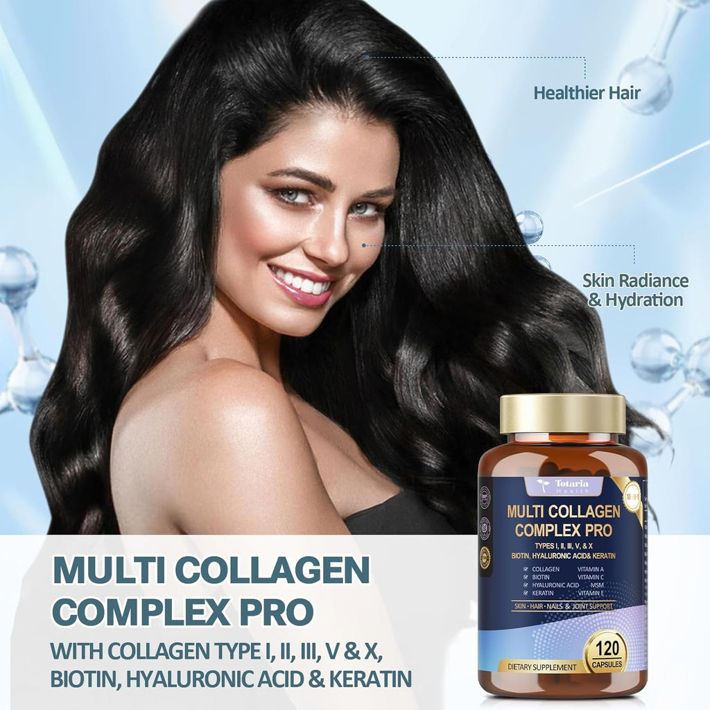 18-In-1 Collagen Pro with Hyaluronic Acid, Keratin, Biotin, VIT a C & E for Skin, Hair, Nails, Joint & Beauty - Multi Collagen Peptides Capsules with Type I II III V & X for Women & Men - 120 Caps