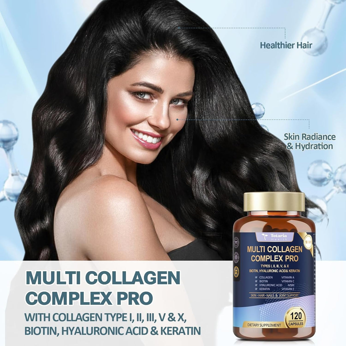 18-In-1 Collagen Pro with Hyaluronic Acid, Keratin, Biotin, VIT a C & E for Skin, Hair, Nails, Joint & Beauty - Multi Collagen Peptides Capsules with Type I II III V & X for Women & Men - 120 Caps