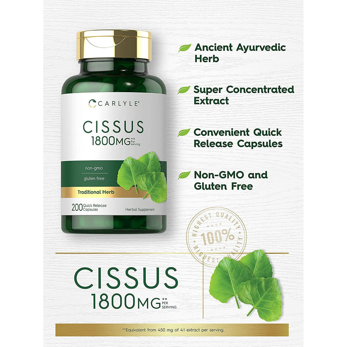 Carlyle Cissus Quadrangularis | 200 Capsules | Traditional Herb Extract Supplement | Non-Gmo and Gluten Free Formula
