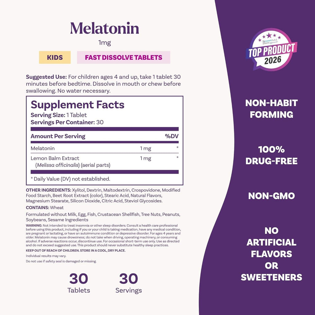 Natrol Kids Fast Dissolve Melatonin 1 Mg, Dietary Supplement for Restful Sleep, Sleep Tablets for Kids, 30 Strawberry-Flavored Melatonin Tablets, 30 Day Supply