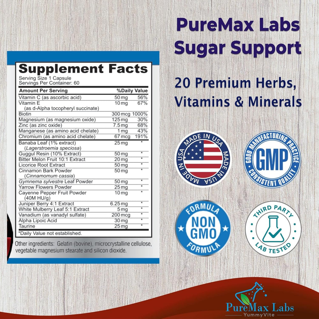 YUMMYVITE Sugar Support Supplement with Cinnamon, Chromium, Mulberry, Alpha Lipoic Acid - 20 Herbs & Vitamins - Non-Gmo, 60 Capsules