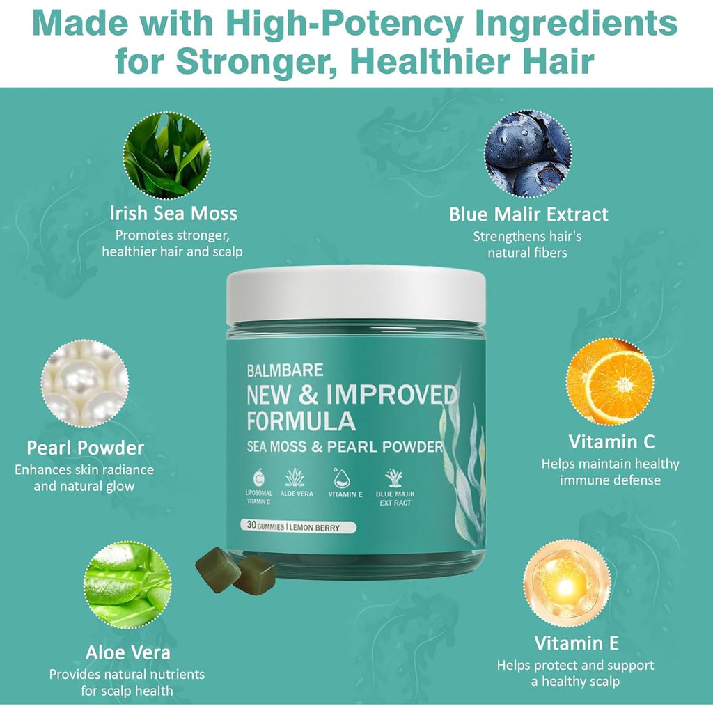 Revive Hair Gummies - Sea Moss Gummies with Hair, Skin & Nails Vitamins with Seamoss, Pearl Powder, Vitamin E, Aloe Vera, Liposomal Vitamin C, 30 Count