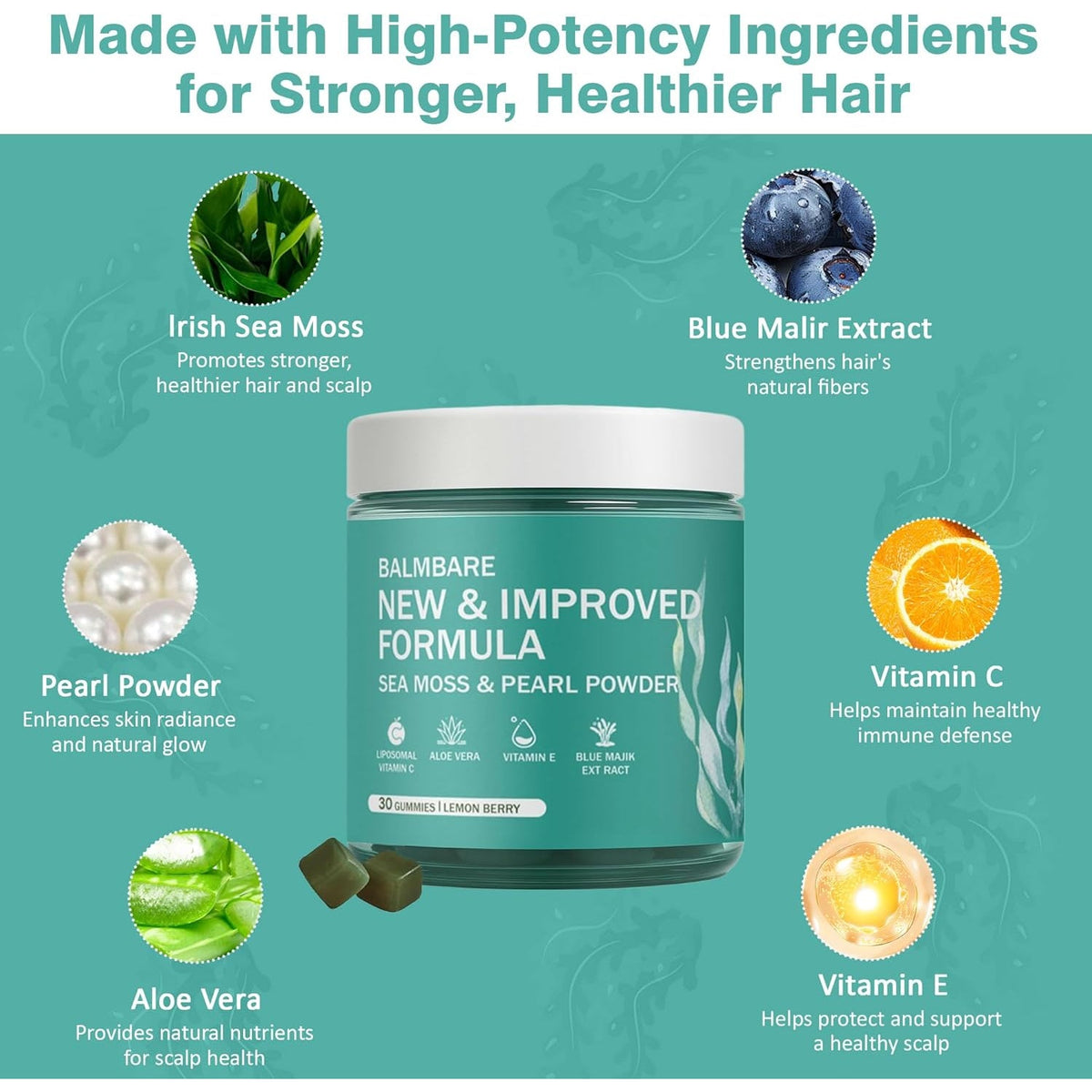 Revive Hair Gummies - Sea Moss Gummies with Hair, Skin & Nails Vitamins with Seamoss, Pearl Powder, Vitamin E, Aloe Vera, Liposomal Vitamin C, 30 Count