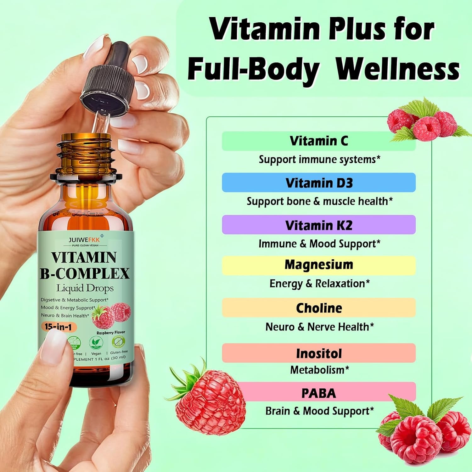 Vitamin B Complex Liquid Drops for Women Men & Kids, 15-In-1 VIT B Complex with Vitamin C B12 B6 B1 Niacin Folate Magnesium for Brain Nerve Neuropathy Energy Mood Health, Sublingual B-Complex Drops