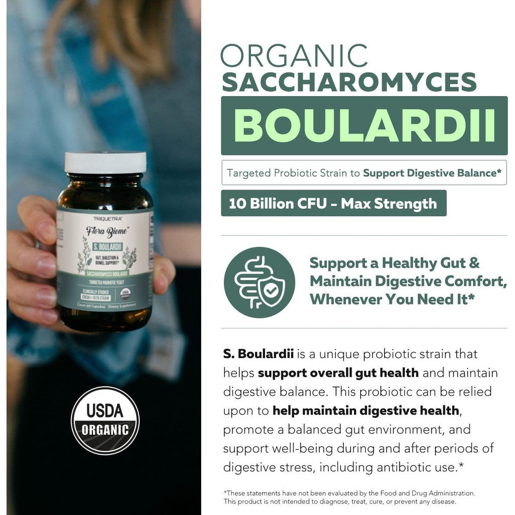 Organic Saccharomyces Boulardii - 10 Billion CFU - Clinically Validated CNCM I-1079 Probiotic Strain - Gut, Digestion & Healthy Bowel Support - First Organic Form of S. Boulardii Probiotic - 60 Count