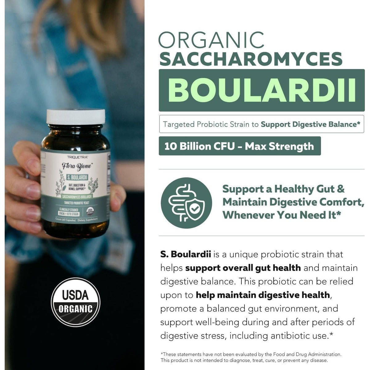 Organic Saccharomyces Boulardii - 10 Billion CFU - Clinically Validated CNCM I-1079 Probiotic Strain - Gut, Digestion & Healthy Bowel Support - First Organic Form of S. Boulardii Probiotic - 60 Count